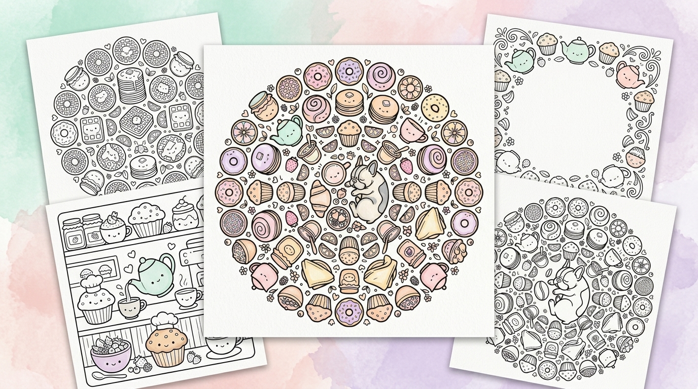 Cute Mandalas coloring book pages collage kawaii characters mandalas