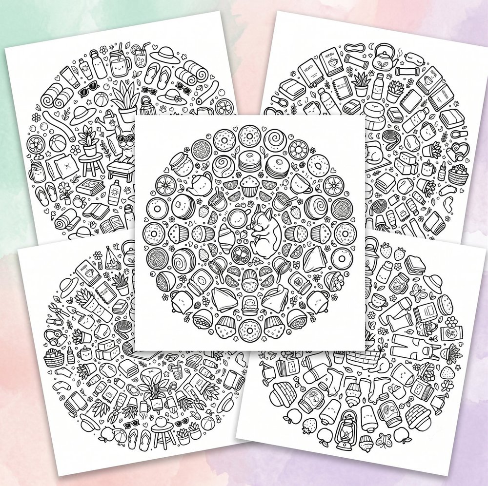 Collage de varios diseños de mandalas kawaii de Cute Mandalas, tal como se ven en el libro