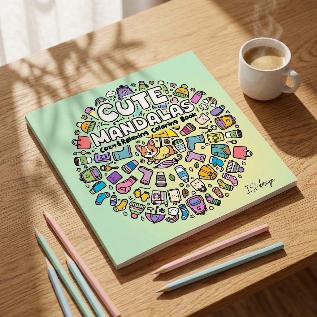 Cute Mandalas, libro de colorear, sobre un escritorio de madera con café